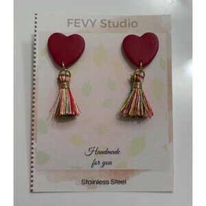 Red Heart & Rainbow Tassel Polymer Clay Earrings – Lightweight Handmade Dangles